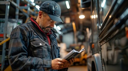 Fototapeta na wymiar Driver worker handling clipboard check list and checking tire truck
