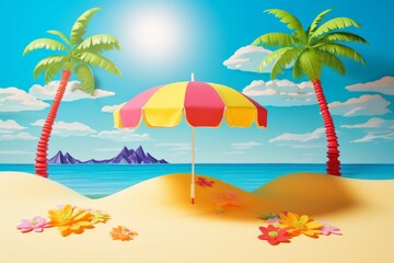 Fototapeta na wymiar illustration of a tropical beach with palm tree and beach umbrella
