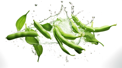 Cluster beans  sliced pieces flying in the air with water splash isolated on transparent png.

