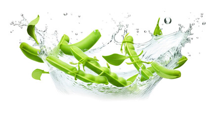 Cluster beans  sliced pieces flying in the air with water splash isolated on transparent png.
