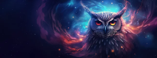 Fotobehang Majestic and wisdom owl on cosmic background with space, stars, nebulae, vibrant colors, flames  digital art in fantasy style, featuring astronomy elements, celestial themes, interstellar ambiance © Shaman4ik