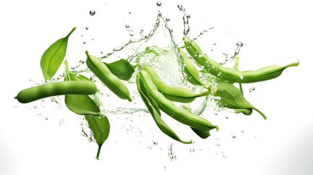 Cluster beans  sliced pieces flying in the air with water splash isolated on transparent png.

