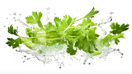 Celery sliced pieces flying in the air with water splash isolated on transparent png.

