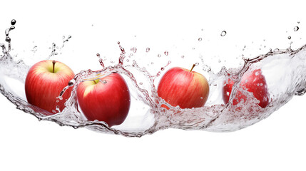 Apple  sliced pieces flying in the air with water splash isolated on transparent png.
