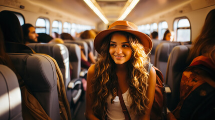 adventurous girl with hat traveling on a train towards adventure - obrazy, fototapety, plakaty