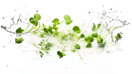 Alfalfa sprouts  sliced pieces flying in the air with water splash isolated on transparent png.
