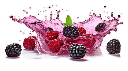 Boysenberry sliced pieces flying in the air with water splash isolated on transparent png.
