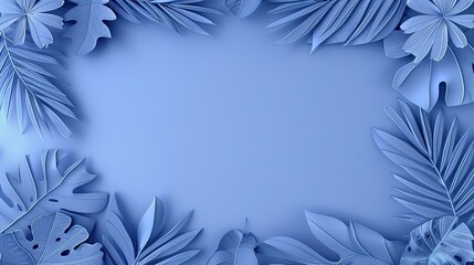 A collection of tropical leaves in a blue pastel shade on a cosmic backgroundм