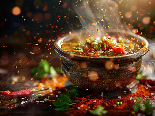 Delicious green chile stew photography, explosion flavors, studio lighting, studio background, well-lit, vibrant colors, sharp-focus, high-quality, artistic, unique