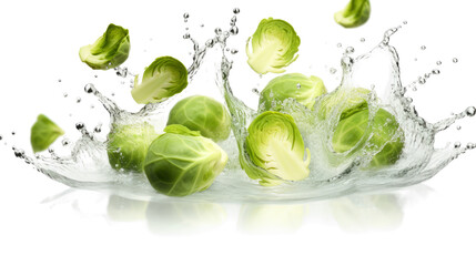 Obraz premium Cabbage sliced pieces flying in the air with water splash isolated on transparent png. 