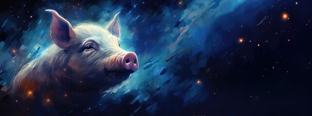 Pig against cosmic background with space, stars, nebulae, vibrant colors, flames; digital art in fantasy style, featuring astronomy elements, celestial themes, interstellar ambiance