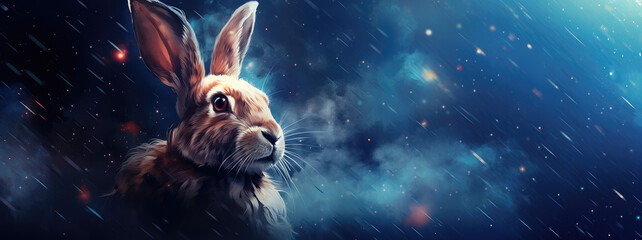 Rabbit with cosmic background with space, stars, nebulae, vibrant colors, flames; digital art in fantasy style, featuring astronomy elements, celestial themes, interstellar ambiance - obrazy, fototapety, plakaty