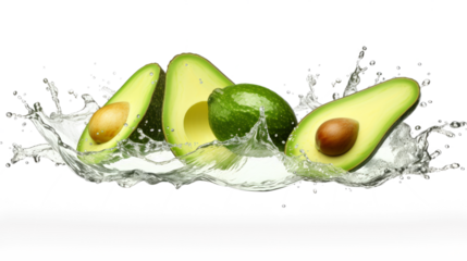 Avocado sliced pieces flying in the air with water splash isolated on transparent png.
