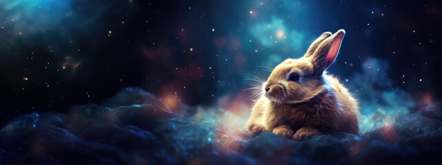 Obraz na płótnie Canvas Rabbit with cosmic background with space, stars, nebulae, vibrant colors, flames; digital art in fantasy style, featuring astronomy elements, celestial themes, interstellar ambiance
