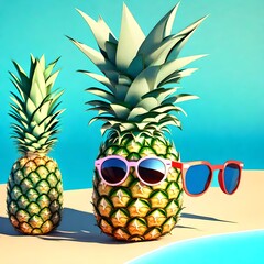 Pineapple with sunglasses resting and drink cocktail on the beach, Summer holiday concept on blue background 3d render 3d illustration