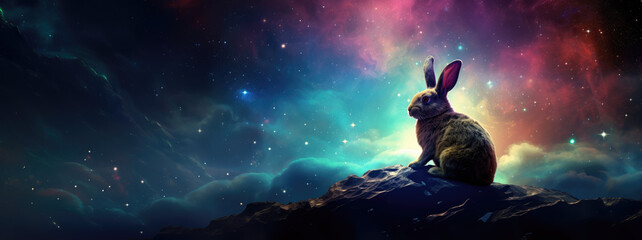 Rabbit with cosmic background with space, stars, nebulae, vibrant colors, flames; digital art in fantasy style, featuring astronomy elements, celestial themes, interstellar ambiance - obrazy, fototapety, plakaty