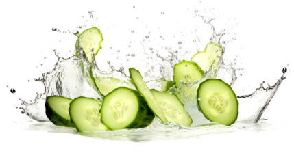 Bitter gourd  sliced pieces flying in the air with water splash isolated on transparent png.
