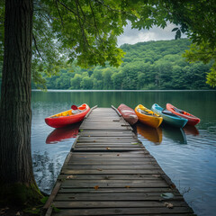 Experience the beauty of nature at a serene lakeside setting, where colorful kayaks line the wooden dock. AI generative.