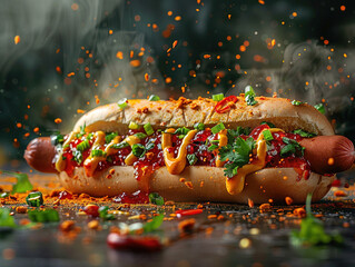 Barbecue Grilled Hot Dog with Yellow Mustard. Delicious hot dog photography, explosion flavors, studio lighting, studio background, well-lit, vibrant colors, sharp-focus, high-quality artistic unique