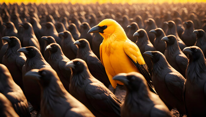 Leadership, vision, own thinking. Differentiate yourself from the rest. A colored crow standing out from a crowd of black crows. AI Generated