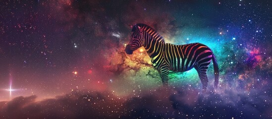 Zebra on cosmic background with space, stars, nebulae, vibrant colors, flames; digital art in fantasy style, featuring astronomy elements, celestial themes, interstellar ambiance - obrazy, fototapety, plakaty