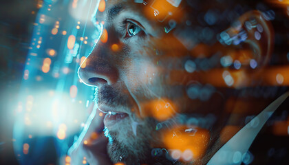 Close-up of a businessman transmitting virtual information in a hologram. Data and connectivity concept.