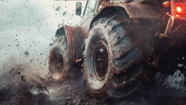 Dynamic 4k animation showcasing a seamlessly looping close-up view of an offroad car wheel in action with a muddy backdrop