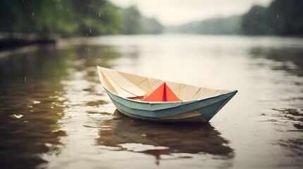 Whimsical Journey: Paper Boat Drifting in the Rain-Kissed Waterway