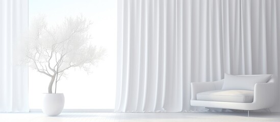 A white room with minimalist white curtains, featuring a stark white chair and a small white tree standing in the corner. The simplicity of the design creates a clean and modern aesthetic.
