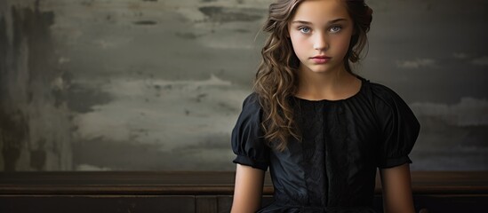 A young girl wearing a black dress is depicted standing in front of a wall in a contemplative pose. She gazes directly ahead, her posture poised and elegant against the stark background.
