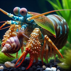a mantis shrimp is eating a snail in the aquascape - obrazy, fototapety, plakaty