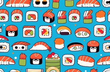 sushi on light blue background. Pattern for design