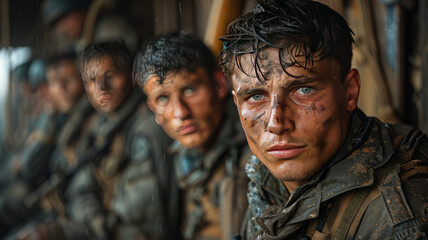 Fototapeta premium Tired frontline soldiers on the front lines of war,generative ai