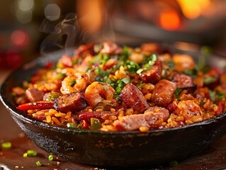 Delicious jambalaya photography, explosion flavors, studio lighting, studio background, well-lit, vibrant colors, sharp-focus, high-quality, artistic, unique