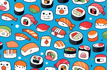 sushi on light blue background. Pattern for design