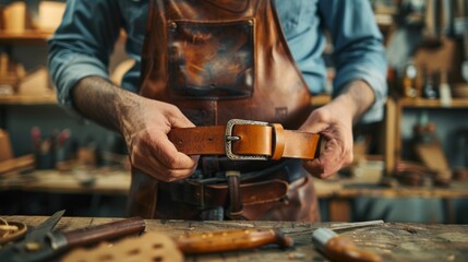 closeup hand working process leather handcraft in the leather workshop. Man holding crafting tool and working. He is sewing to make a walet. Tanner in old tannery.