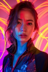 Fototapeta premium Fashionable Young Woman in Vibrant Neon Lights with a Futuristic Urban Style