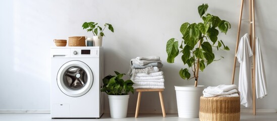 This laundry room features a modern washer and dryer, a light-colored wall, and a houseplant on a stepladder. The appliances are neatly arranged and ready for use.