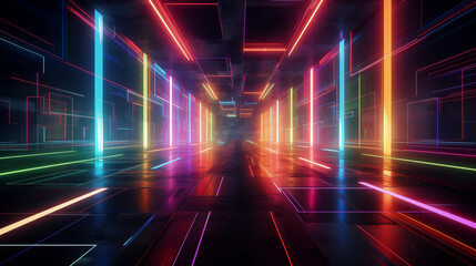 Multicolor neon light trails vanishing point