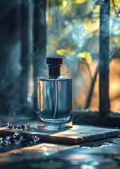 Obraz na płótnie Canvas Perfume bottle. Blank labeled. Elegant luxury scent bottle. Eau de toilette, fragrance, fashion, lifestyle. Room for copy space.