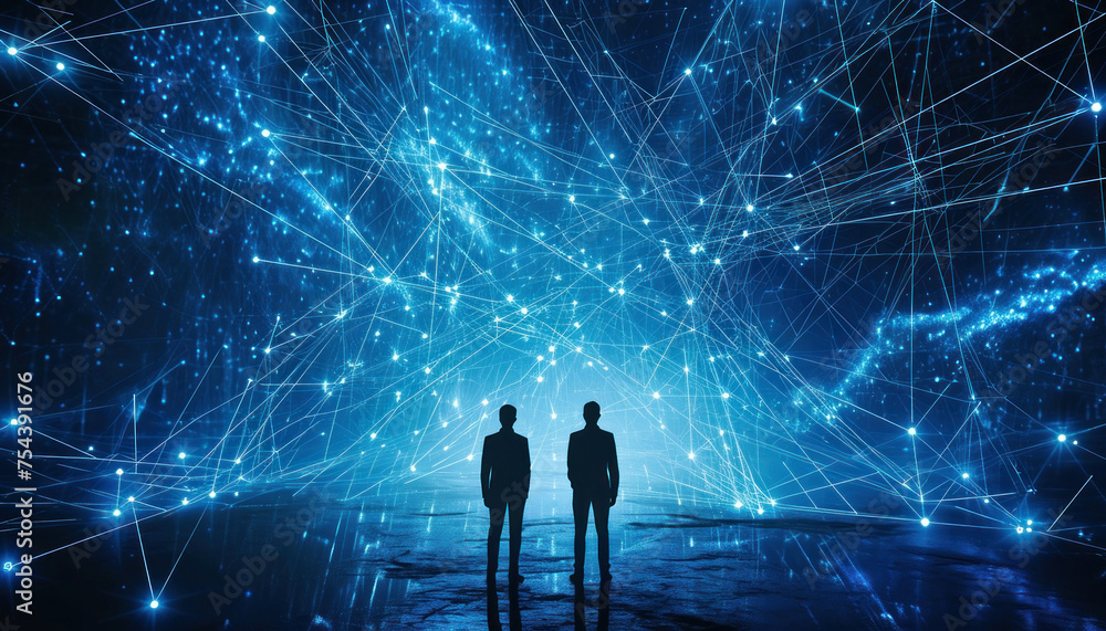 Poster futuristic network of lines and stars illuminating two men in the darkynchronization of human presen