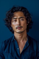 Fototapeta premium Portrait of a Confident Middle-aged Man with Curly Hair against a Blue Background