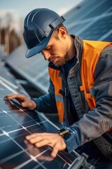 Obraz premium Electricians installing solar panels on rooftops. Solar utility, environmental awareness, maintaining solar panels, vibrant construction scenes with smooth, solar panels, labor on rooftop.