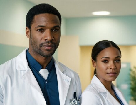 Image of African American male and female doctors in a hospital interior. AI generation