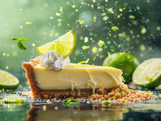Delicious key lime pie photography, explosion flavors, studio lighting, studio background, well-lit, vibrant colors, sharp-focus, high-quality, artistic, unique