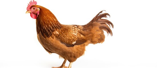 A young brown rooster is captured up close on a white background. The focus is on the roosters vibrant feathers, comb, and intense eyes, creating a striking image.