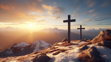 Crosses in Mountain Silhouette: Sunset Serenity
 - obrazy, fototapety, plakaty