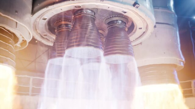 Rocket Launch at Night. Vertical Takeoff of Large Space Exploration Rocket with Boosters. Large Rocket Engine Ignition. Powerful and Hot Flames Burst out of the Nozzle after Initial Impulse. 