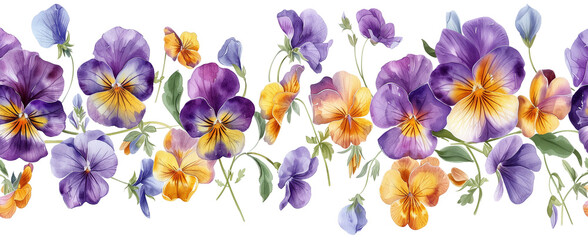 Viola tricolor/Wild Pansys/Johnny-Jump-ups, in a row, front view, PNG, horizontal layout in, a delicateFloral-themed, isolated, and transparent photorealistic illustration. Generative ai
