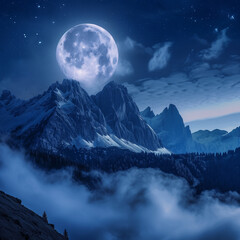 커다란 푸른색 달, 겨울의 달, 차가운 산, 밤의 구름, 구름과 산, 차가운 배경, 추운 날씨